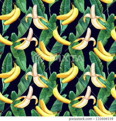 Watercolor seamless pattern with banana tree leaves and fruit, berry banana. Hand drawn illustration. For wrapping wallpaper fabric textile. 110806539