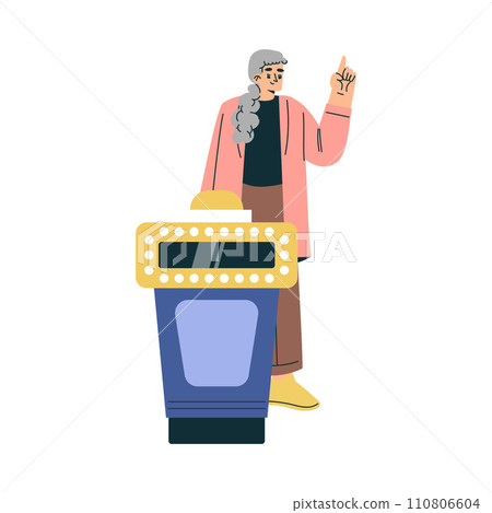 Quiz Game with Young Woman Participant at Button Stand Vector Illustration Quiz Game with Young Woman Participant at Button Stand Vector Illustration 110806604