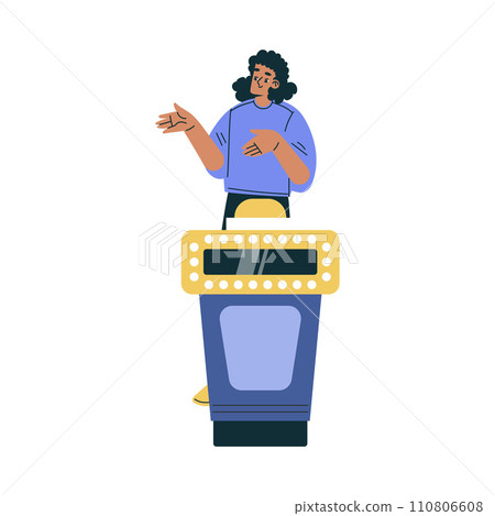 Quiz Game with Young Woman Participant at Button Stand Vector Illustration Quiz Game with Young Woman Participant at Button Stand Vector Illustration 110806608