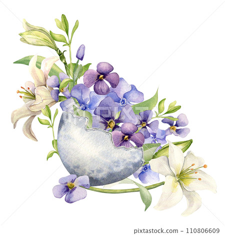 Egg shell with spring flowers. Easter watercolor illustration isolated on white background. Easter bunch with colorful plants lilies hand drawn. Painted spring blue and white flowers. For decoration Egg shell with spring flowers. Easter watercolor illustration isolated on white background. Easter bunch with colorful plants lilies hand drawn. Painted spring blue and white flowers. For decoration 110806609