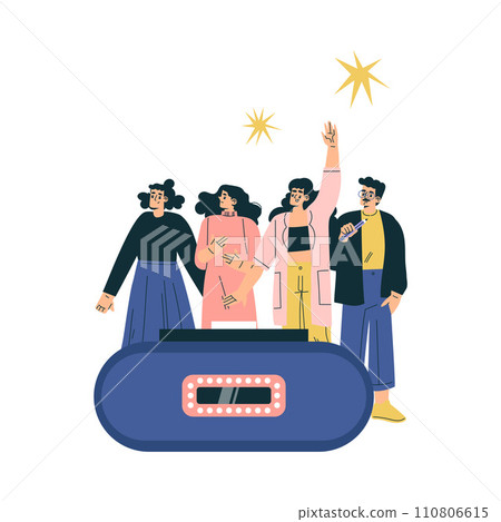 Quiz Game with Young Man and Woman Participant at Button Stand Vector Illustration Quiz Game with Young Man and Woman Participant at Button Stand Vector Illustration 110806615