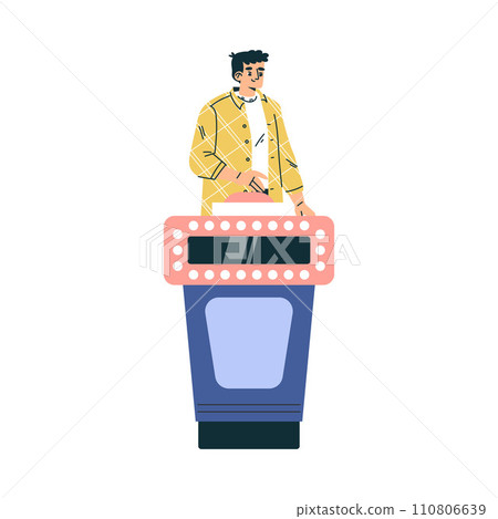 Quiz Game with Young Man Participant at Button Stand Vector Illustration Quiz Game with Young Man Participant at Button Stand Vector Illustration 110806639