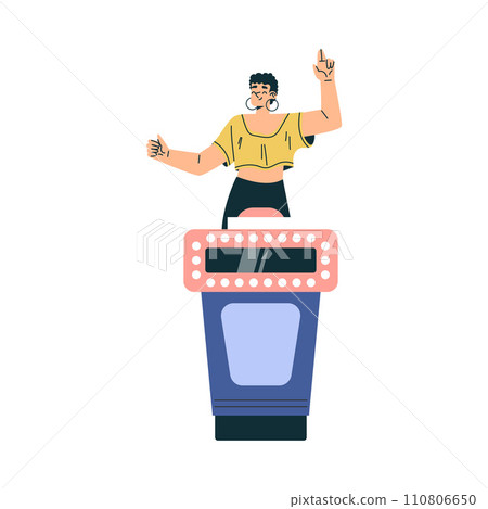 Quiz Game with Young Woman Participant at Button Stand Vector Illustration 110806650