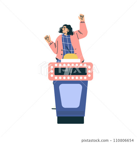 Quiz Game with Young Woman Participant at Button Stand Vector Illustration 110806654