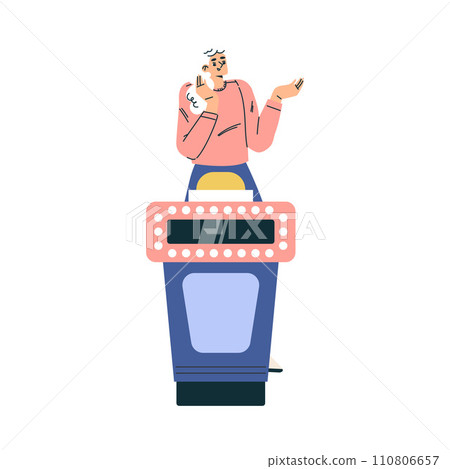 Quiz Game with Young Woman Participant at Button Stand Vector Illustration Quiz Game with Young Woman Participant at Button Stand Vector Illustration 110806657