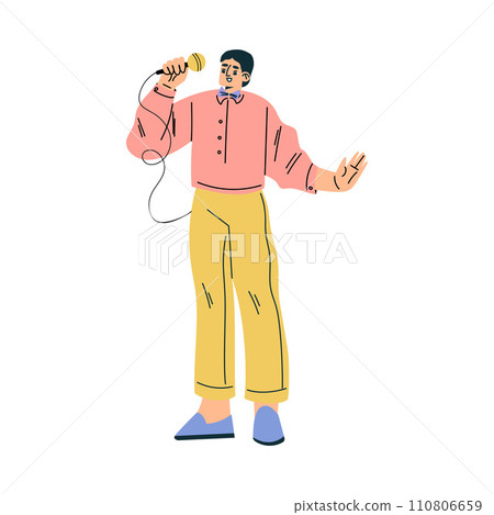Man Quiz Game Host Standing with Microphone Vector Illustration Man Quiz Game Host Standing with Microphone Vector Illustration 110806659