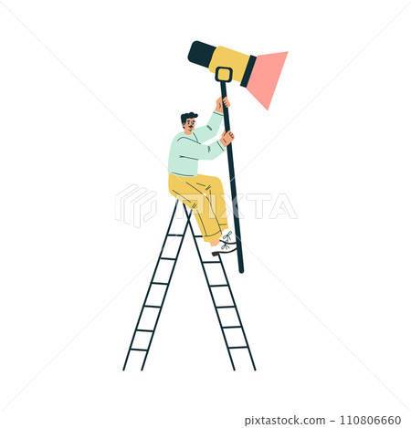 Man Climb Ladder Hold Spotlight Lamp Equipment Vector Illustration Man Climb Ladder Hold Spotlight Lamp Equipment Vector Illustration 110806660