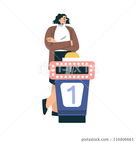 Quiz Game with Young Woman Participant at Button Stand Vector Illustration Quiz Game with Young Woman Participant at Button Stand Vector Illustration 110806661
