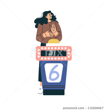 Quiz Game with Young Woman Participant at Button Stand Vector Illustration Quiz Game with Young Woman Participant at Button Stand Vector Illustration 110806667