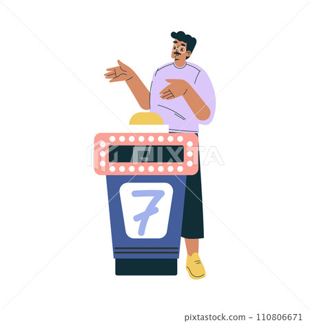 Quiz Game with Young Man Participant at Button Stand Vector Illustration Quiz Game with Young Man Participant at Button Stand Vector Illustration 110806671