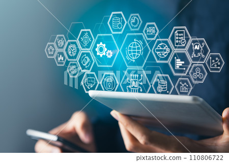Businessman with digital screen about cyber security. Digital information technology and artificial intelligence concept. 110806722
