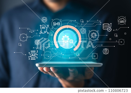 Businessman with digital screen about cyber security. Digital information technology and artificial intelligence concept. 110806723