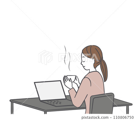 Woman drinking coffee while using a computer 110806750