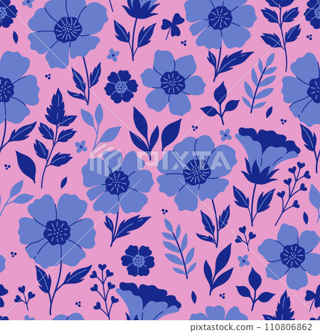 Seamless pattern with blue anemone flowers on a pink background. Vector graphics. Seamless pattern with blue anemone flowers on a pink background. Vector graphics. 110806862