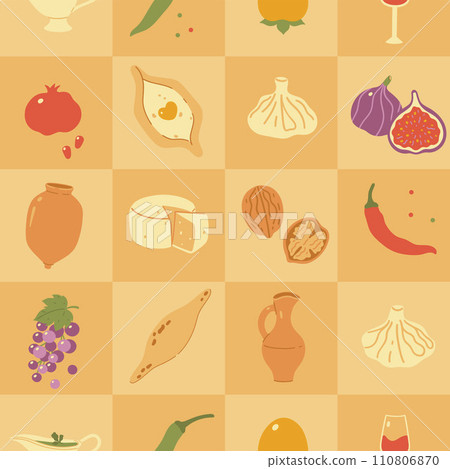 Checkered seamless pattern with Georgian food. Vector graphics. Checkered seamless pattern with Georgian food. Vector graphics. 110806870