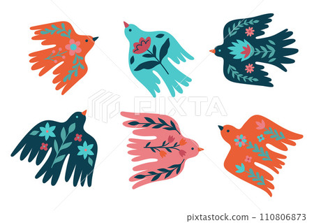 Set of spring floral flying birds on a white background. Vector graphics. 110806873