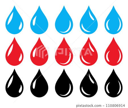 Water, blood and oil drop symbol icon set in blue, red and black color. Set of glossy water, blood and oil drop icon set isolated on white background. Water, blood and oil drop symbol icon set in blue, red and black color. Set of glossy water, blood and oil drop icon set isolated on white background. 110806914