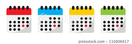 Glossy calendar symbol with red date mark icon set in four different colors. Special, holiday red date mark symbol on calendar icon set in red, blue, yellow and green isolated on white background. Glossy calendar symbol with red date mark icon set in four different colors. Special, holiday red date mark symbol on calendar icon set in red, blue, yellow and green isolated on white background. 110806917