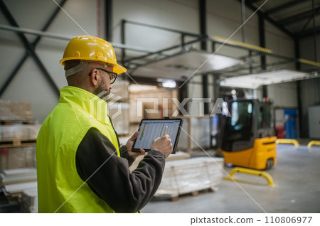 Warehouse receiver standing by delivered cargo, holding tablet, looking at cargo details, checking delivered items, goods against order. Warehouse receiver standing by delivered cargo, holding tablet, looking at cargo details, checking delivered items, goods against order. 110806977