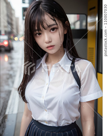 Illustration material: High school girl in uniform (rain shelter/rainy season/June) 110807030