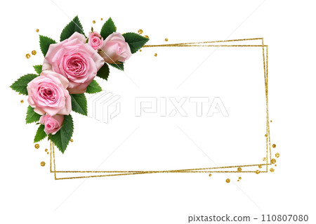 Pink rose flowers and glitter confetti in a corner floral arrangements with golden frame isolated on white 110807080