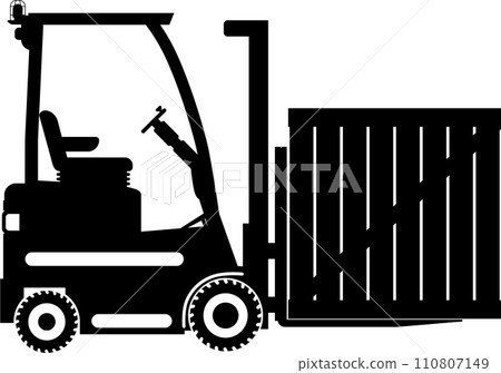 Silhouette of Wheel Forklift with Wooden Container Icon in Flat Style. Vector Illustration 110807149