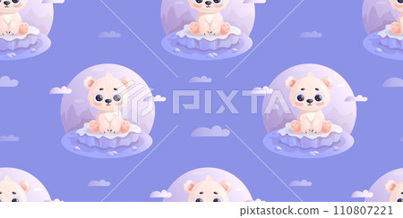 Seamless pattern with cute little white polar bear on ice floe on purple background. Vector illustration in cartoon style. Kids collection. Seamless pattern with cute little white polar bear on ice floe on purple background. Vector illustration in cartoon style. Kids collection. 110807221