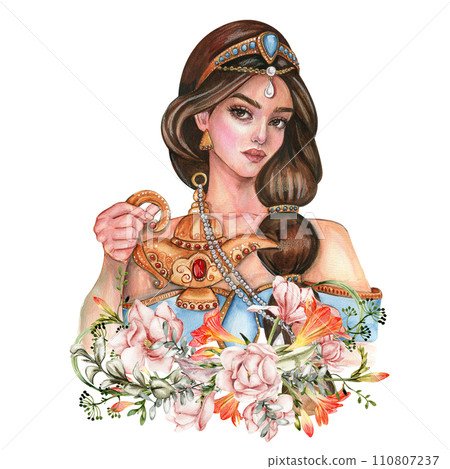 Composition with girl with long dark hair with gold tiara on her head with flowers. Hand drawn watercolor illustration based on fairy tale. Can be used for poster, t-shirt printing, post card. 110807237