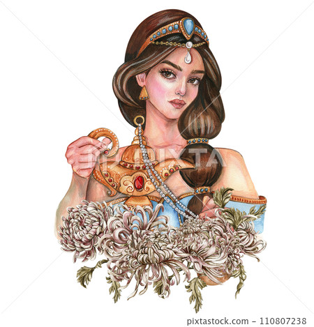 Composition with girl with long dark hair with gold tiara on her head with flowers. Hand drawn watercolor illustration based on fairy tale. Can be used for poster, t-shirt printing, post card. Composition with girl with long dark hair with gold tiara on her head with flowers. Hand drawn watercolor illustration based on fairy tale. Can be used for poster, t-shirt printing, post card. 110807238