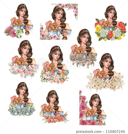 Composition with girl with long dark hair with gold tiara on her head with flowers. Hand drawn watercolor illustration based on fairy tale. Can be used for poster, t-shirt printing, post card. 110807240