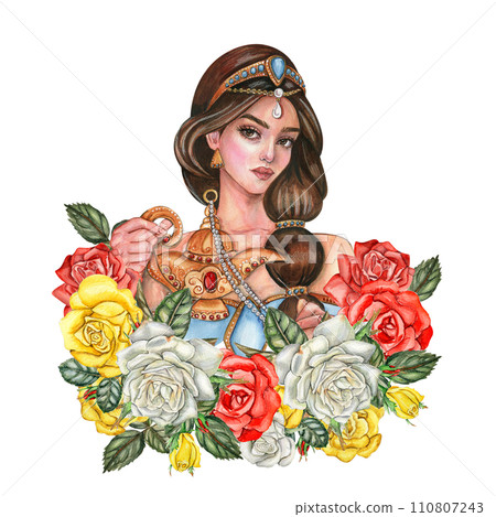 Composition with girl with long dark hair with gold tiara on her head with flowers. Hand drawn watercolor illustration based on fairy tale. Can be used for poster, t-shirt printing, post card. 110807243
