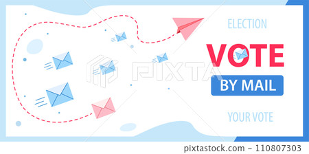 Voting banner vector design. blue website with button. Letters are flying, Voting banner vector design. blue website with button. Letters are flying, 110807303