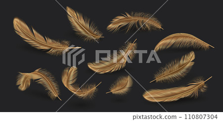Golden scattered feathers realistic vector illustration set 110807304