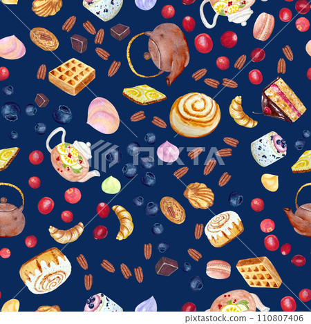 Watercolor teapot and desserts seamless pattern chocolate background 110807406