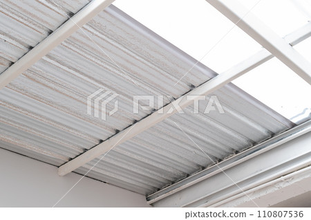 industrial grade metal roof insulation. heat resistant sheet foil provides thermal protection and energy efficiency. corrugated design and silver texture add modern and abstract touch to construction. industrial grade metal roof insulation. heat resistant sheet foil provides thermal protection and energy efficiency. corrugated design and silver texture add modern and abstract touch to construction. 110807536