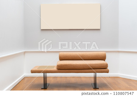 Art gallery with blank white walls and clean, modern interior. The spacious floor and exhibition hall provide the perfect space to display artwork and photographs. Enhance the contemporary design. 110807547