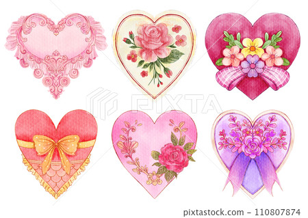Watercolor vintage valentine's day heart symbol . Set 1 of 5 . White isolate background . Illustration . 110807874