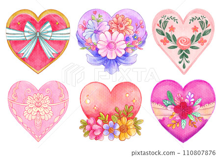 Watercolor vintage valentine's day heart symbol . Set 1 of 5 . White isolate background . Illustration . Watercolor vintage valentine's day heart symbol . Set 1 of 5 . White isolate background . Illustration . 110807876