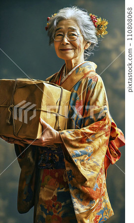 Smiling Elderly Japanese Woman with Glasses in Traditional Kimono Holding a Wrapped Gift 110808068