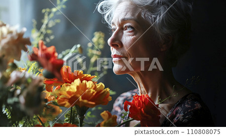Side Profile of Elderly Woman Contemplating into Light Next to Colorful Bouquet 110808075