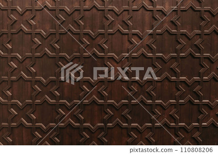 Decorative old wooden carved wall panelling, ceiling. Hand drawn ornamental blue Moroccan star shaped pattern. Ramadan greeting card. Islamic background, arabic banner. Historic architecture detail. 110808206
