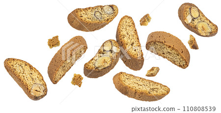 Cantuccini biscuits, Italian cookies with hazelnut isolated on white background, full depth of field Cantuccini biscuits, Italian cookies with hazelnut isolated on white background, full depth of field 110808539