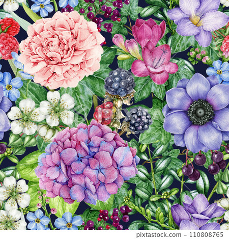 Beautiful bright garden flowers seamless pattern. Watercolor illustration. Lush floral ornament on dark background. Peony, freesia, hydrangea, raspberry, leaves in garden floral seamless pattern Beautiful bright garden flowers seamless pattern. Watercolor illustration. Lush floral ornament on dark background. Peony, freesia, hydrangea, raspberry, leaves in garden floral seamless pattern 110808765