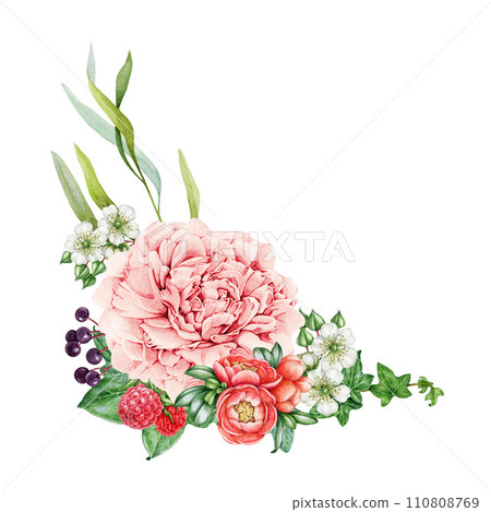 Spring flower tender floral decor. Watercolor vintage style illustration. Hand painted tender garden flowers with green leaves decoration. Pink peony, raspberry, ivy leaf element. White background Spring flower tender floral decor. Watercolor vintage style illustration. Hand painted tender garden flowers with green leaves decoration. Pink peony, raspberry, ivy leaf element. White background 110808769
