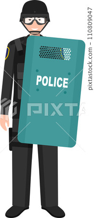 Standing SWAT Policeman Officer with Metal Protective Shield in Traditional Uniform Character Icon in Flat Style. Vector Illustration. 110809047