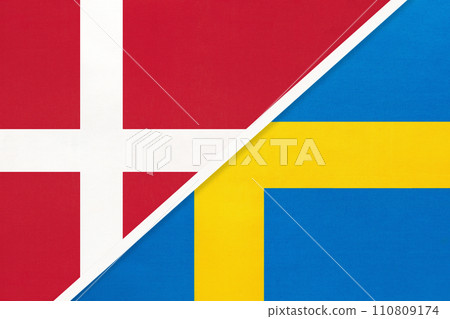 Denmark and Sweden, symbol of country. Danish vs Swedish national flags. Denmark and Sweden, symbol of country. Danish vs Swedish national flags. 110809174