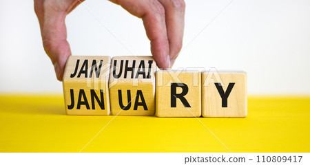 Januhairy or January symbol. Concept words Januhairy or January on beautiful wooden blocks. Beautiful yellow table white background. Man hand. Social issues Januhairy or January concept. Copy space. 110809417