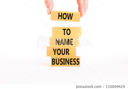 How to name your business symbol. Concept words How to name your business on wooden blocks. Beautiful white table white background. Businessman hand. How to name your business concept. Copy space. 110809429