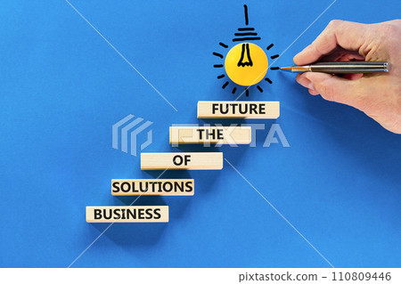 Business solutions of the future symbol. Concept words Business solutions of the future on wooden blocks. Beautiful blue table blue background. Business solutions of the future concept. Copy space. Business solutions of the future symbol. Concept words Business solutions of the future on wooden blocks. Beautiful blue table blue background. Business solutions of the future concept. Copy space. 110809446