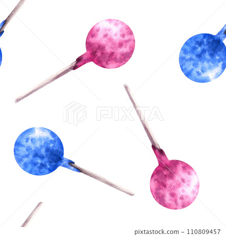 Watercolor seamless pattern with pink and blue pop cakes Hand drawn illustration party candies Lollipop print for wallpapers, wrapping, birthday deco, scrapbooking, bakery. Isolated white background 110809457